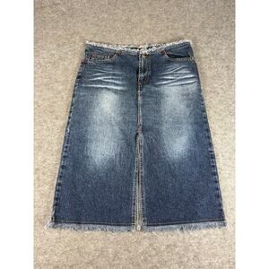 Vintage Y2K Paris Blues Denim Jean Skirt Womens 9 Juniors Blue Slit Fringe Faded